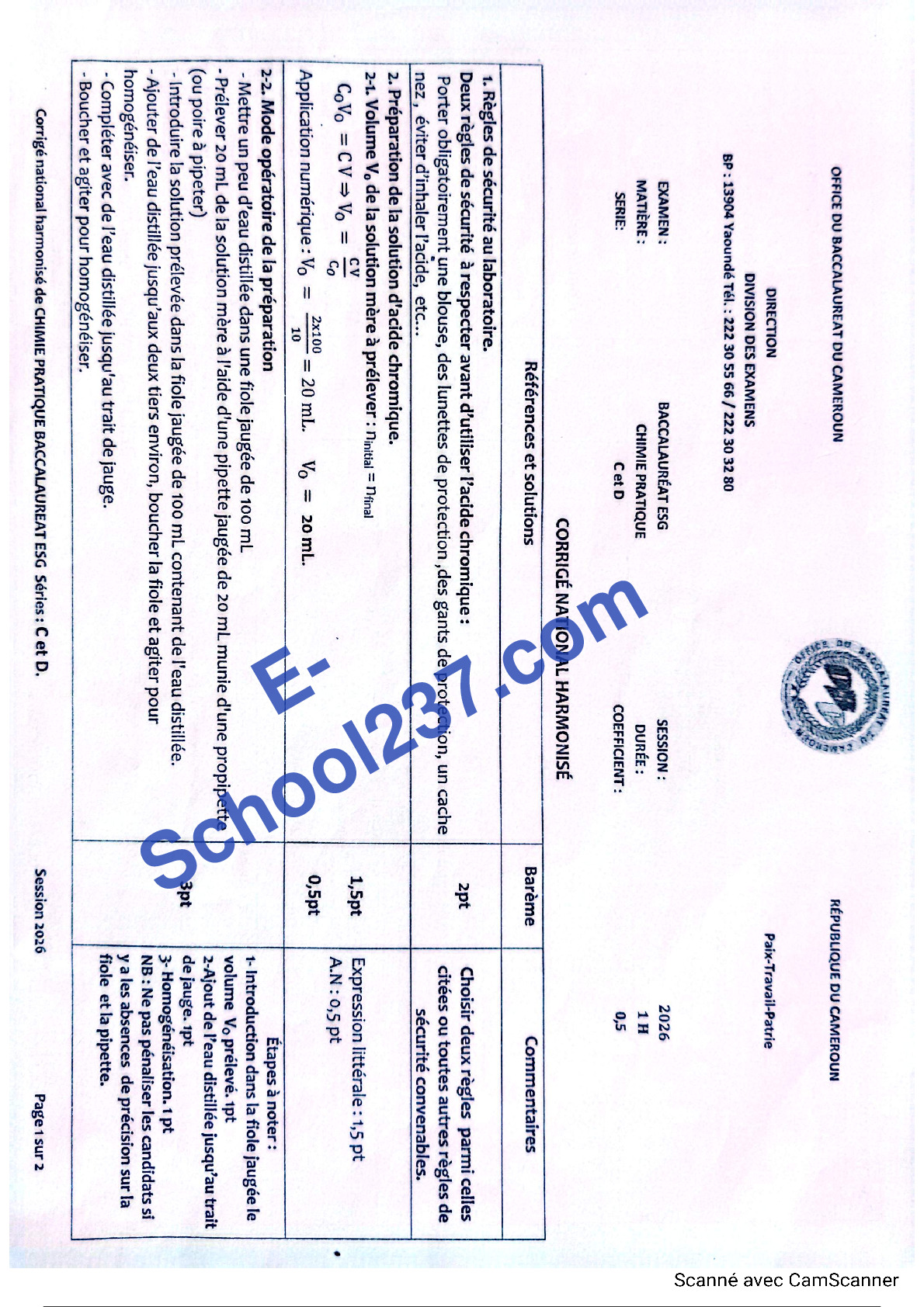 corrigé national chimie pratique bac C D 2026